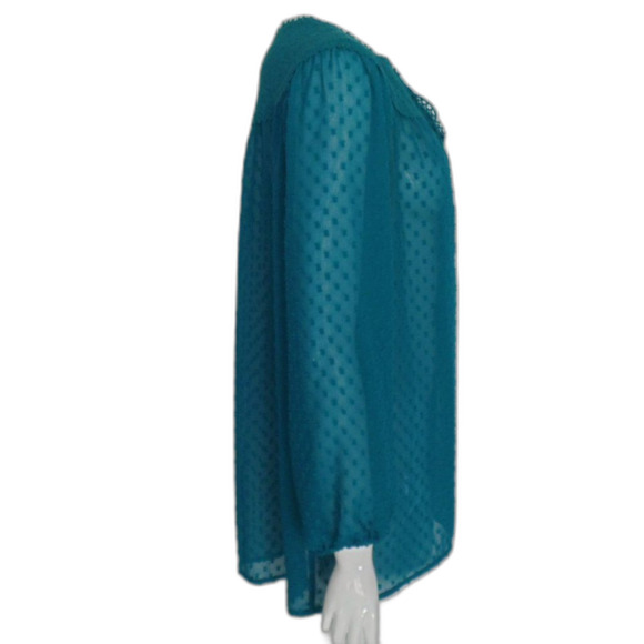 MATILDA JANE Tunic, L, Teal, Swiss Dots, Eyelet Yoke, Long sleeves, Tie neck - Picture 6 of 15